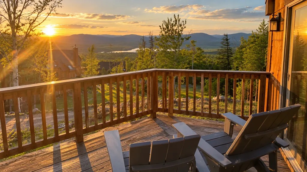 Sunset over mountains from a cabin deck with two chairs.